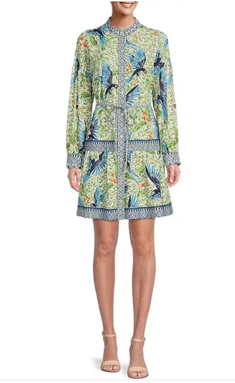 Alex Marie Wren Bird Print Long Sleeve Button Front Dress Womens Size 14